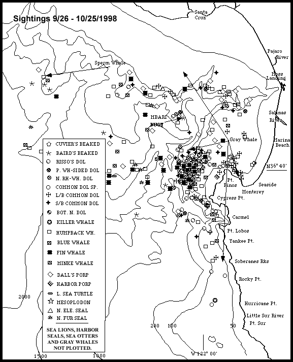 Monterey Bay Whale Watch Marine Mammal Sightings Map 9/26-10/25/98