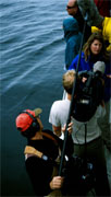 a group of people standing in the water